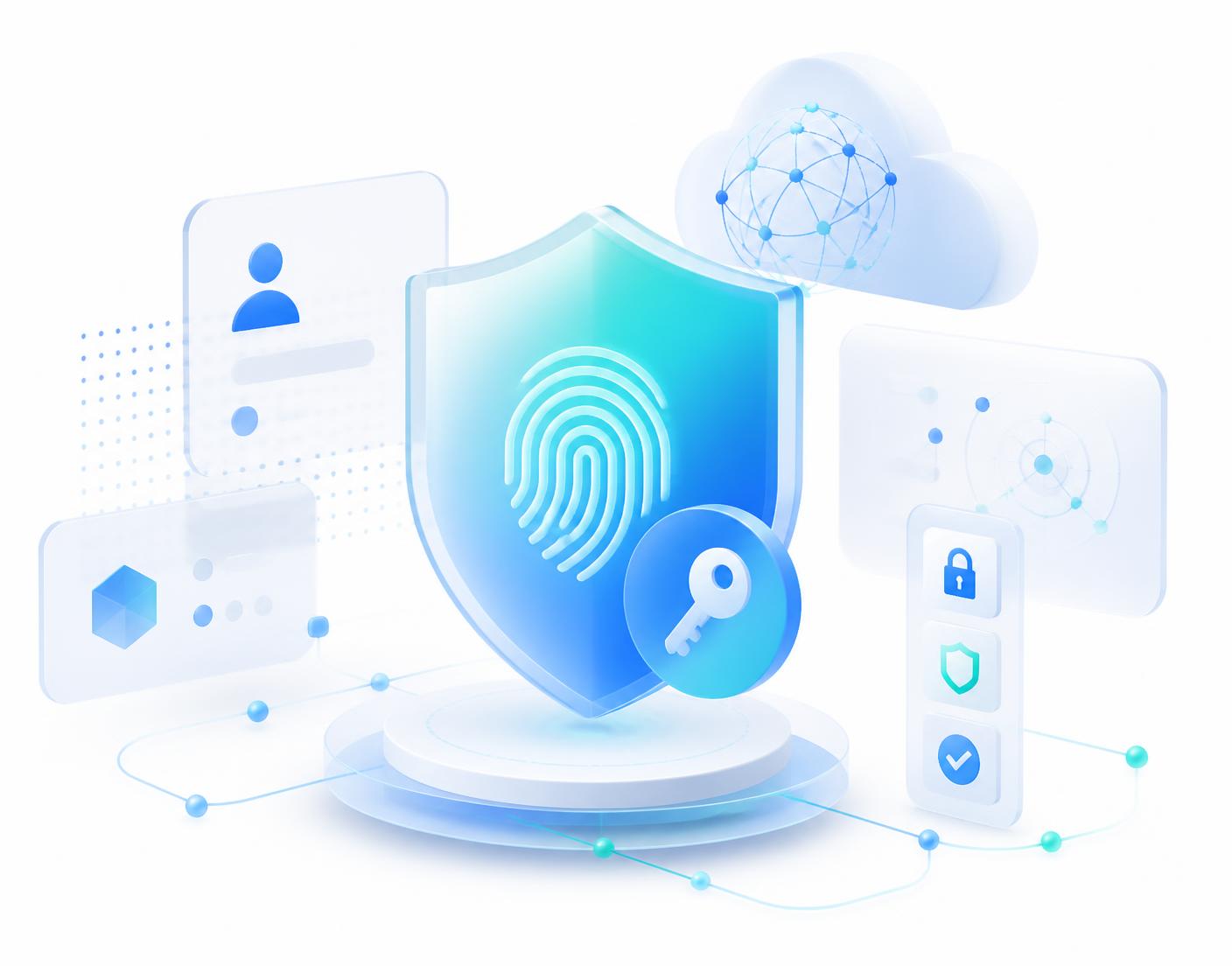 Enterprise cybersecurity illustration with shield, fingerprint and cloud security nodes